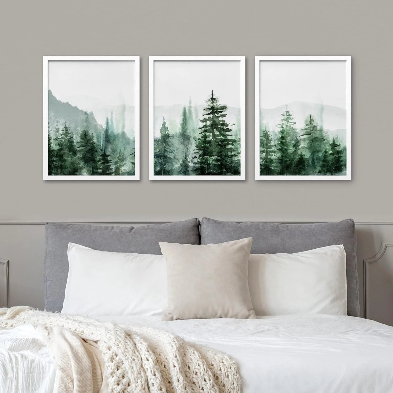 Framed Canvas Print Wall Art Set - Watercolor Pine Tree Mountain Range Forest Art - Set of 3 Nature Wilderness Landscape Wall Décor for Living Room, Bedroom - 12"X16"X3 Panels White