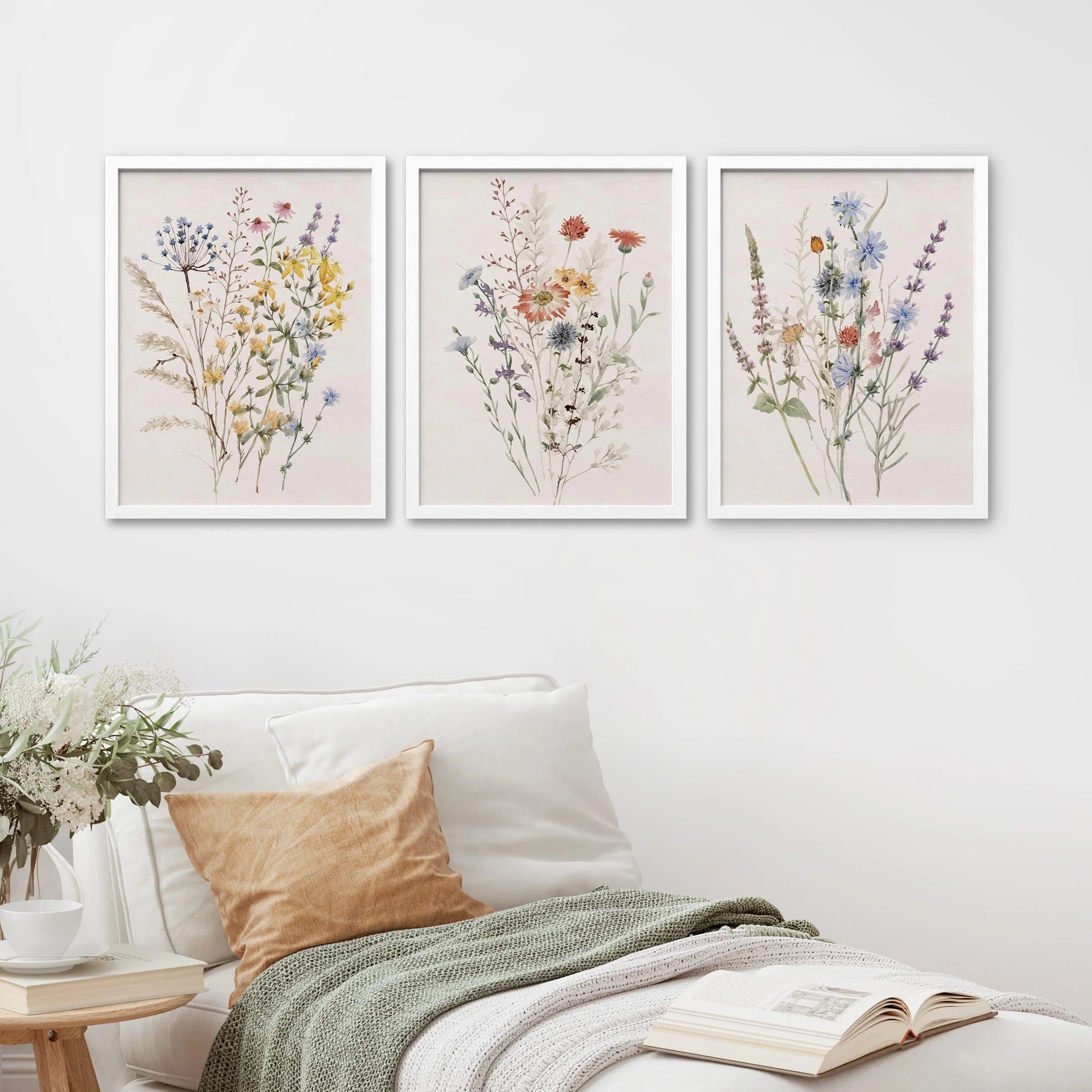 Framed Canvas Print Wall Art Set - Multicolor Wildflowers Poster Art - Set of 3 Watercolor Nature Wilderness Floral Botanical Vintage Wall Décor for Living Room - 8"X10" White