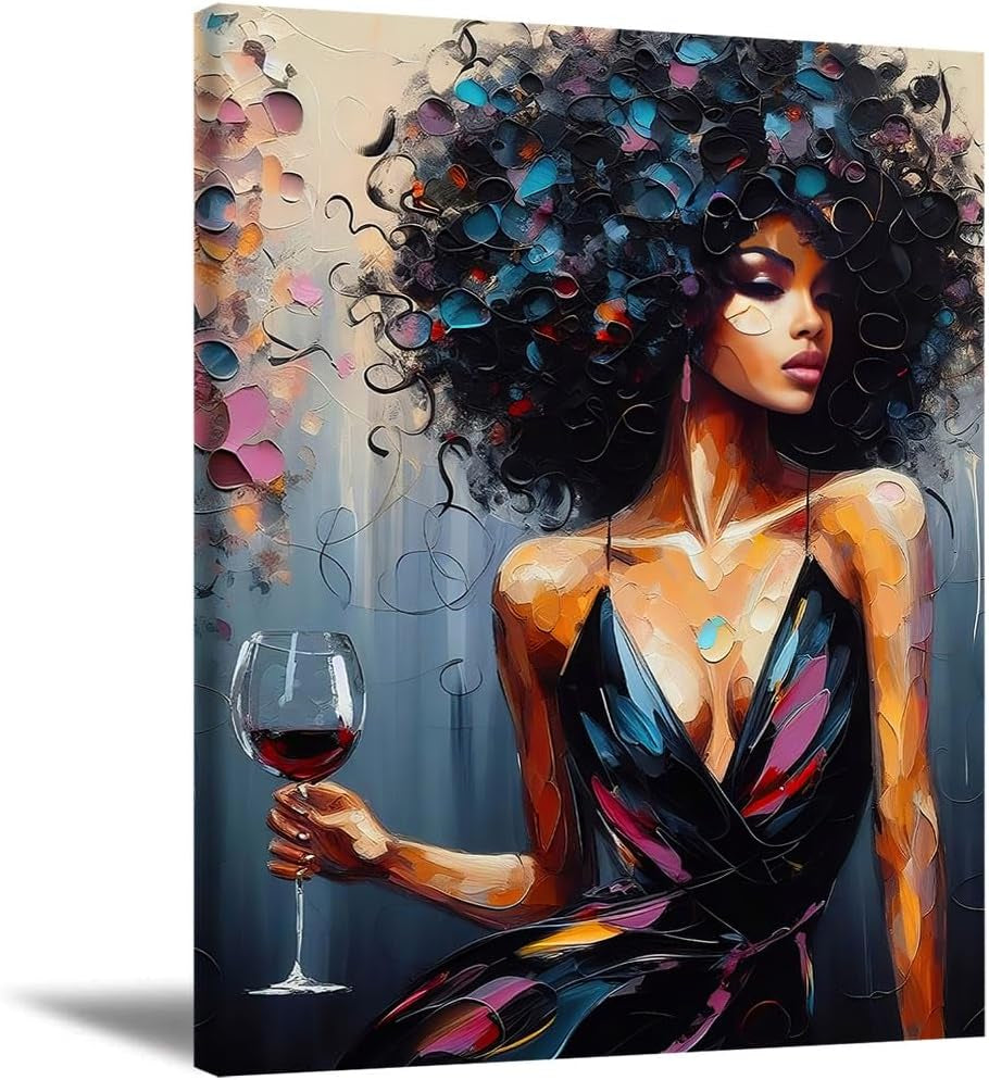 the Red Wine Girl Wall Art Black Girl Living Room Decor Black Art Paintings for Wall Black Women Unframed Canvas Wall Art Black Girl Magic Home Decor Modern Home Decoration