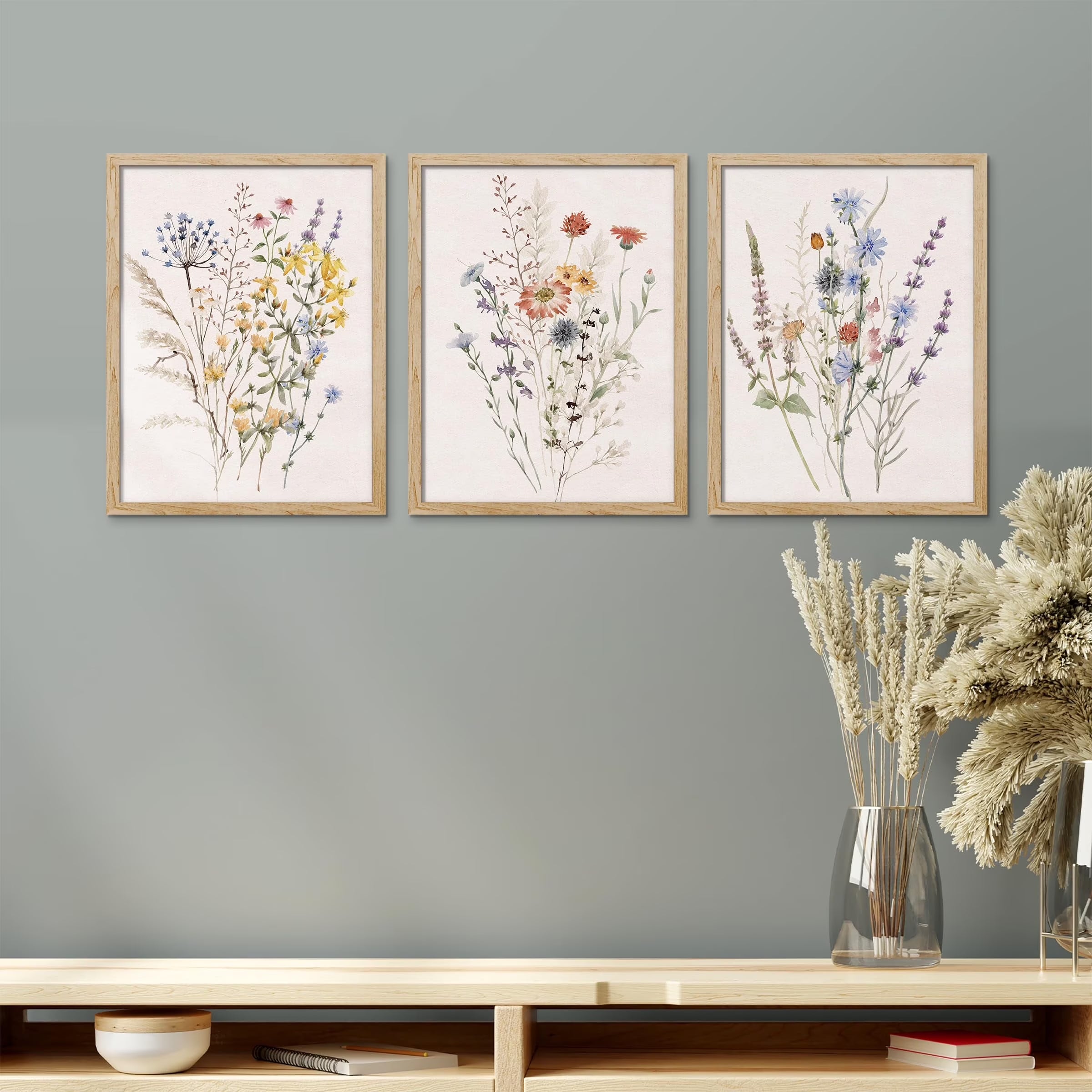 Framed Canvas Print Wall Art Set - Multicolor Wildflowers Poster Art - Set of 3 Watercolor Nature Wilderness Floral Botanical Vintage Wall Décor for Living Room - 12"X16" Natural