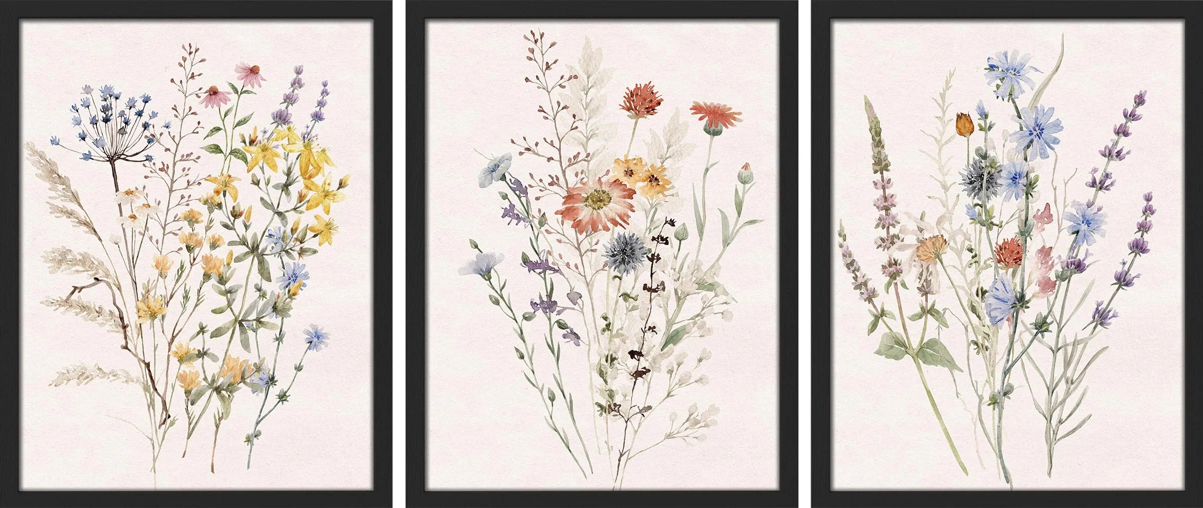 Framed Canvas Print Wall Art Set - Multicolor Wildflowers Poster Art - Set of 3 Watercolor Nature Wilderness Floral Botanical Vintage Wall Décor for Living Room - 12"X16" Black