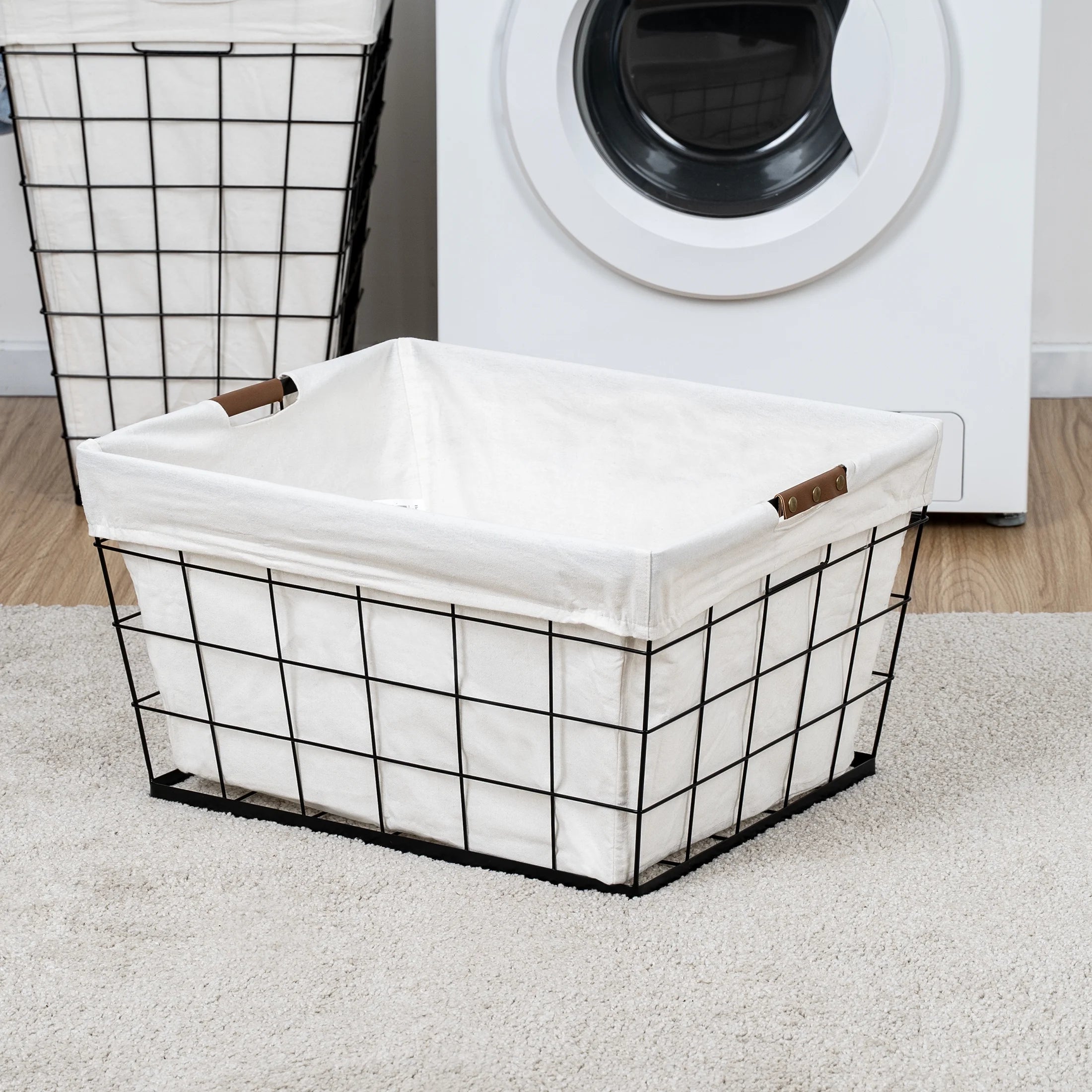 60L Rectangular Steel Laundry Basket, Black & Natural, Adult