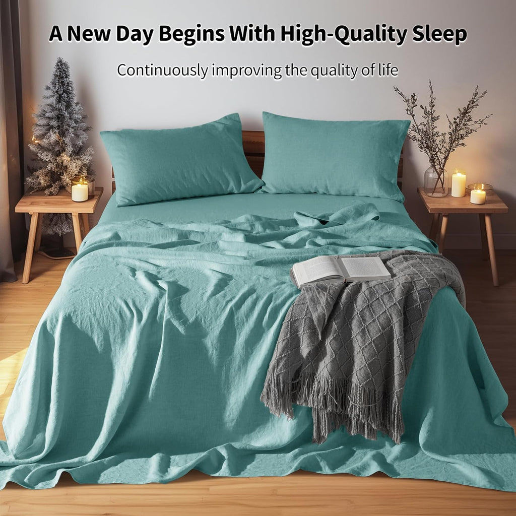 100% Linen Sheet Set Twin Size,Bed Sheets 3 Piece Sets,Solid Color Natural Flax Bed Sheets Soft Breathable Bedding,16" Deep Pocket,All Season (Twin, Aqua)