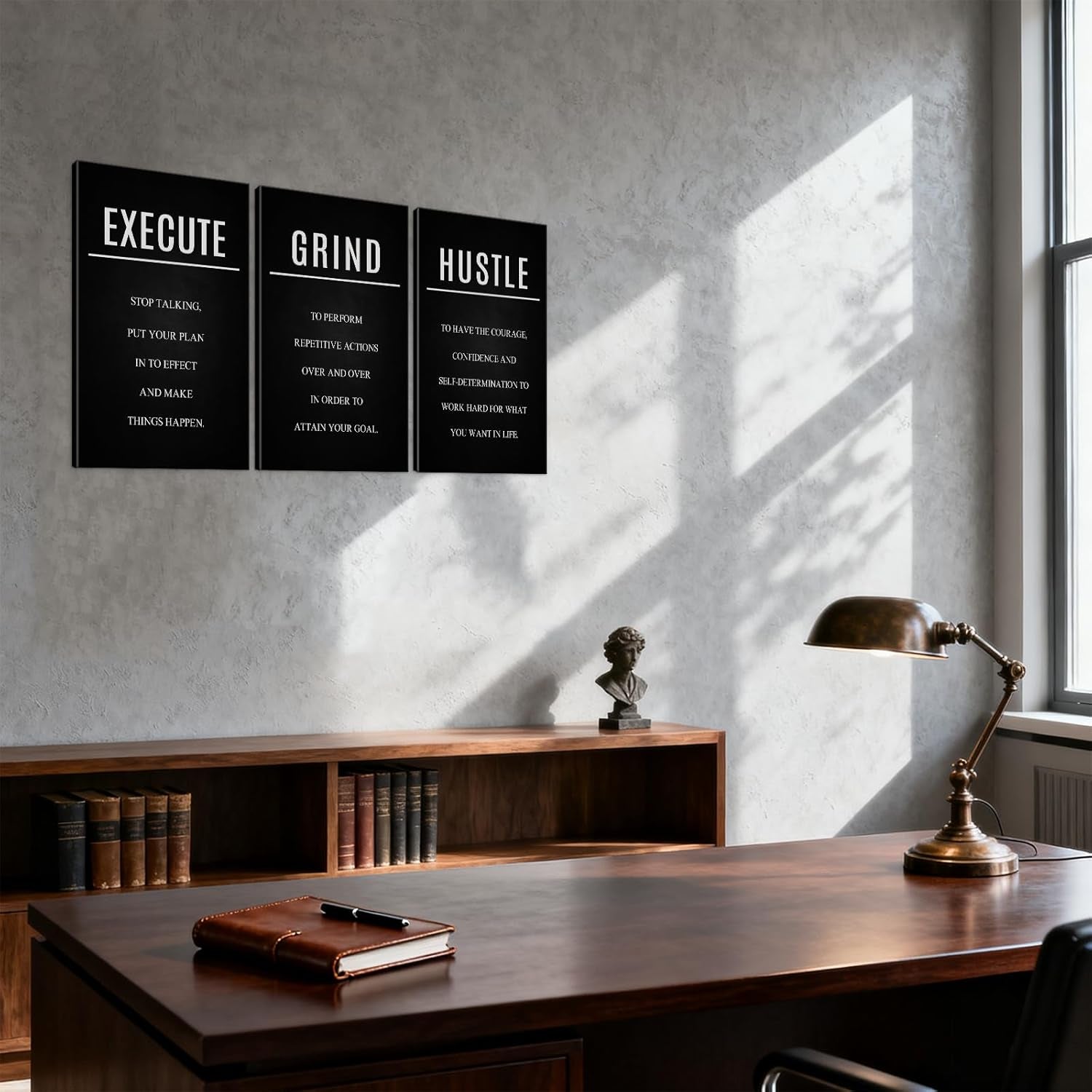 Hustle Grind Execute Wall Art Set - 3 Pieces 16"X24" Motivational Canvas Wall Art with Wooden Frame, Inspirational Quotes Decor for Office & Home Motivational Posters, Office & Gym Decor