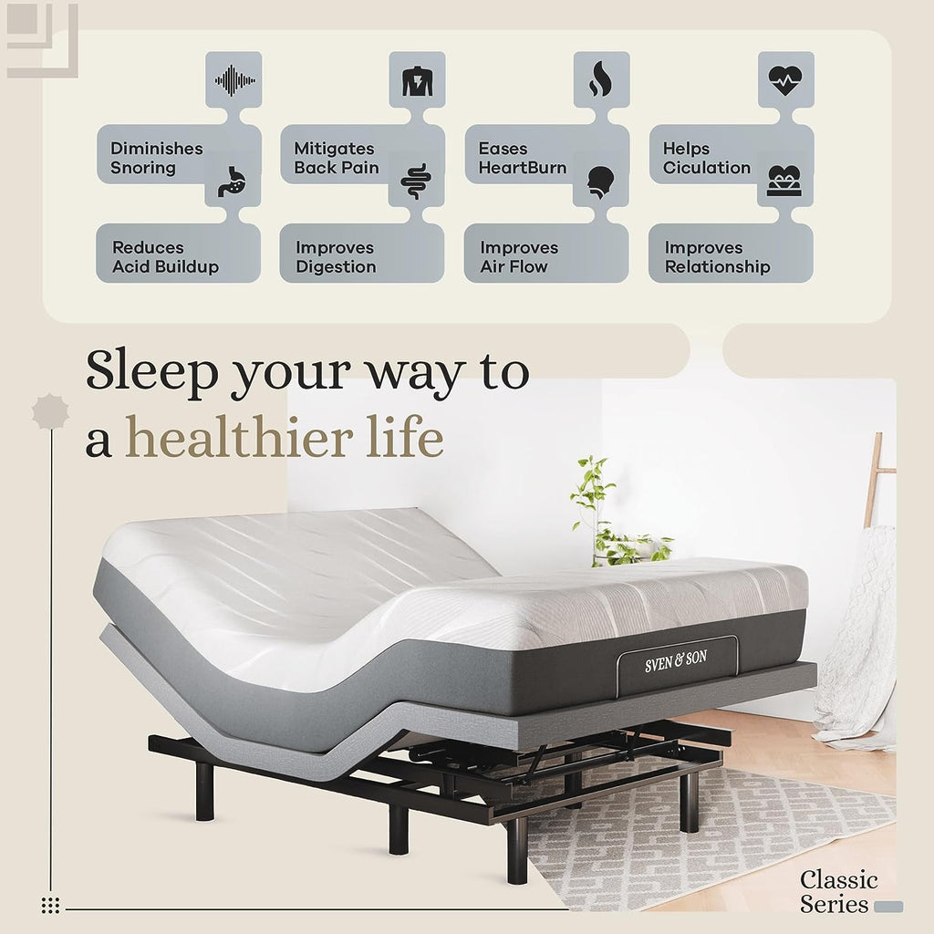 Classic Adjustable Bed Base, Head and Foot Lift, Massage, Under-Bed Lights, USB, Gel Memory, Zero Gravity Smart Frame - Queen + 10 Inch Memory Foam Matt (Firm)