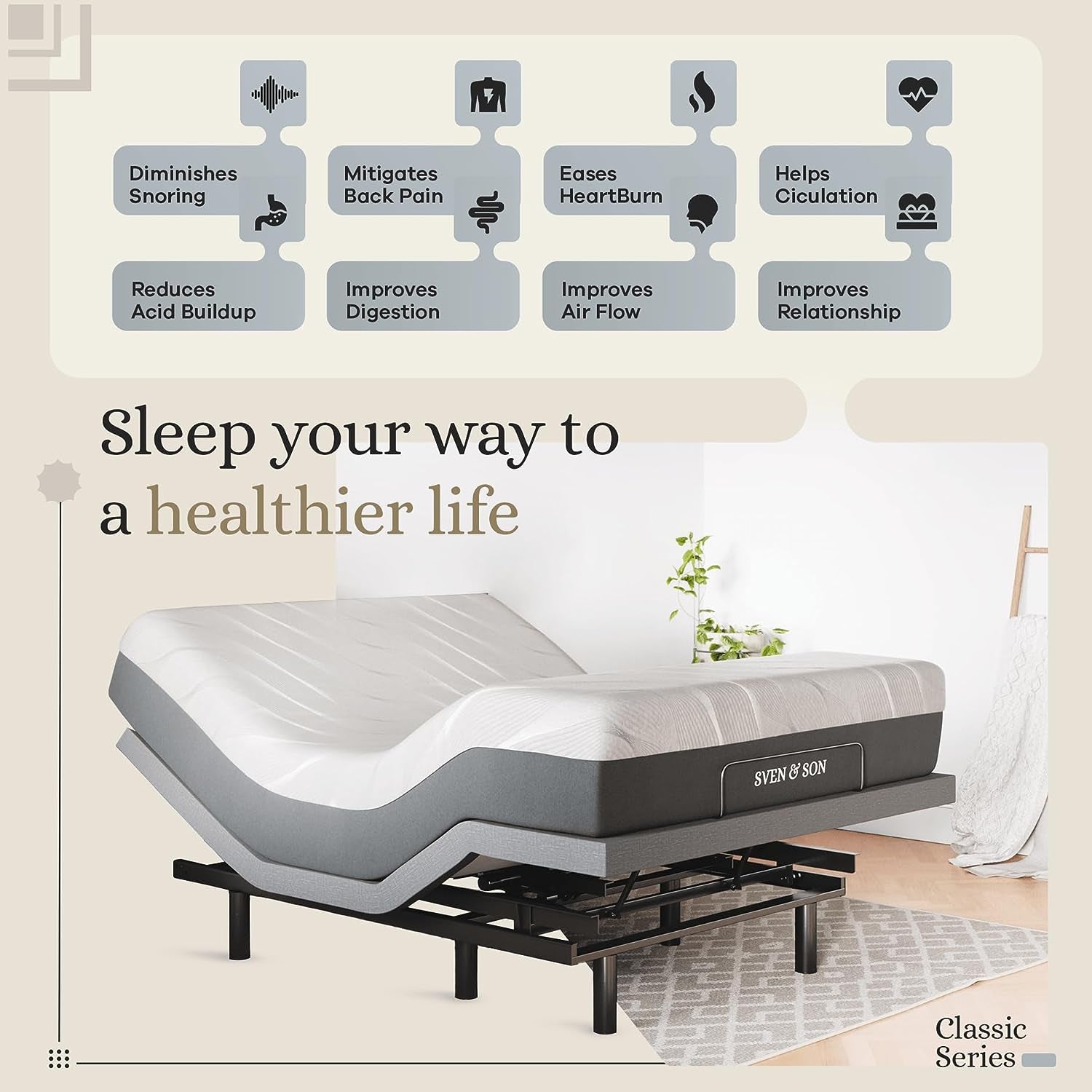 Classic Adjustable Bed Base, Head and Foot Lift, Massage, Under-Bed Lights, USB, Gel Memory, Zero Gravity Smart Frame - Queen + 10 Inch Memory Foam Matt (Firm)