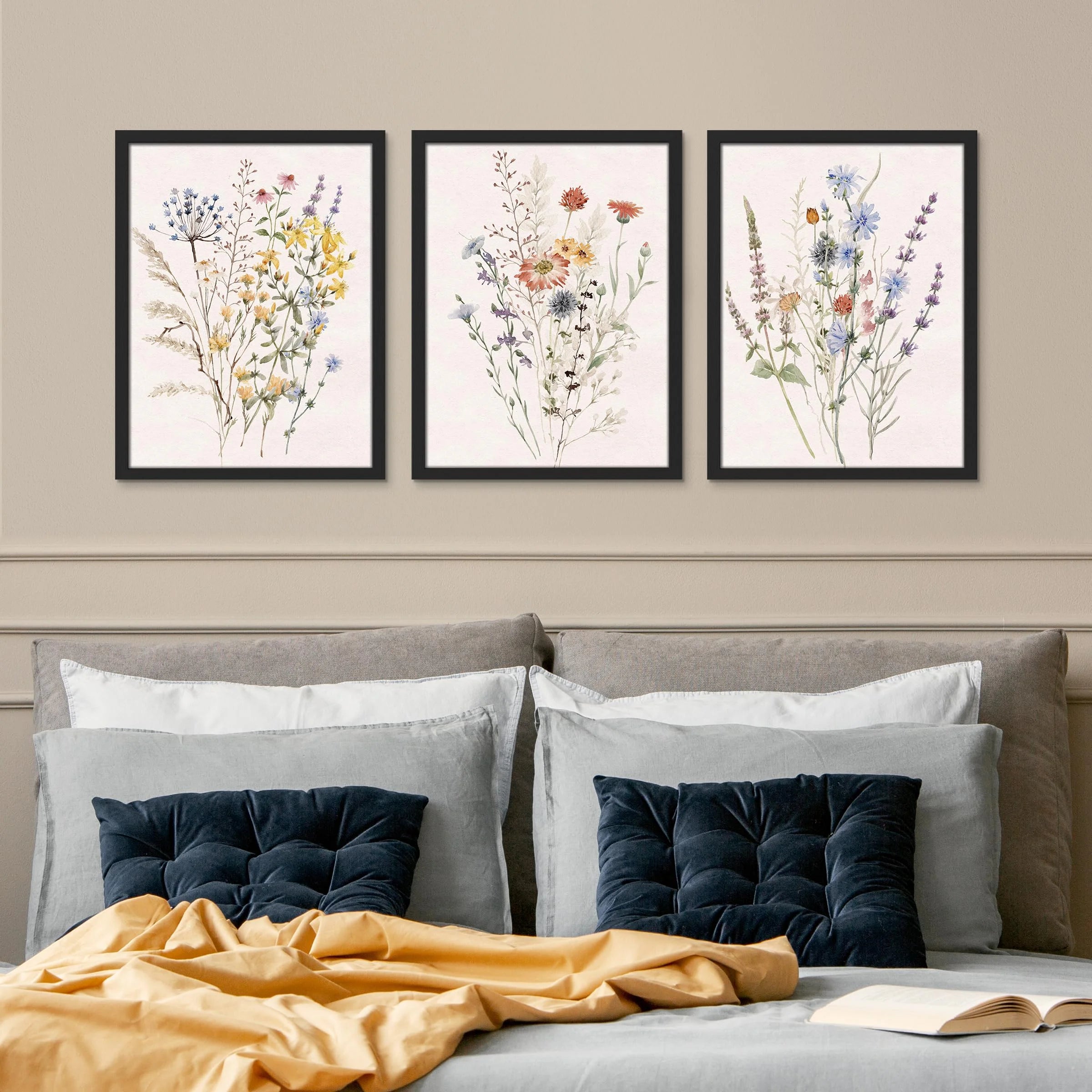 Framed Canvas Print Wall Art Set - Multicolor Wildflowers Poster Art - Set of 3 Watercolor Nature Wilderness Floral Botanical Vintage Wall Décor for Living Room - 11"X14" Black