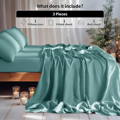 100% Linen Sheet Set Twin Size,Bed Sheets 3 Piece Sets,Solid Color Natural Flax Bed Sheets Soft Breathable Bedding,16" Deep Pocket,All Season (Twin, Aqua)